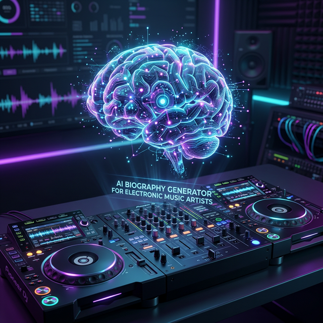 AI DJ Biography Generator brain floating over a mixer